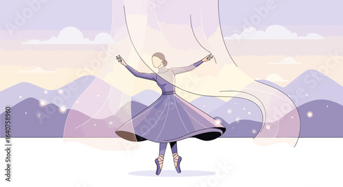 Elegant Ballerina Dancing Gracefully Against Serene Mountain Vista Silhouette Art
