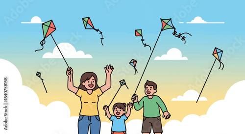 Family Fun: Cartoon Illustration of a Family Flying Kites Together in a Sunny Sky