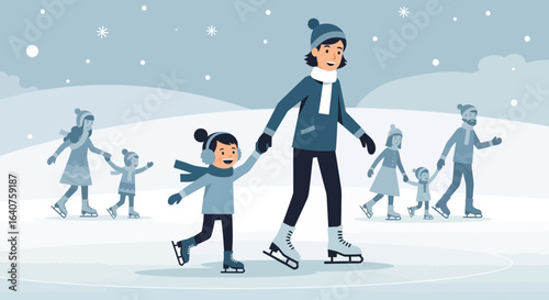 Family fun on ice rink wintertime activity with children enjoying season holiday