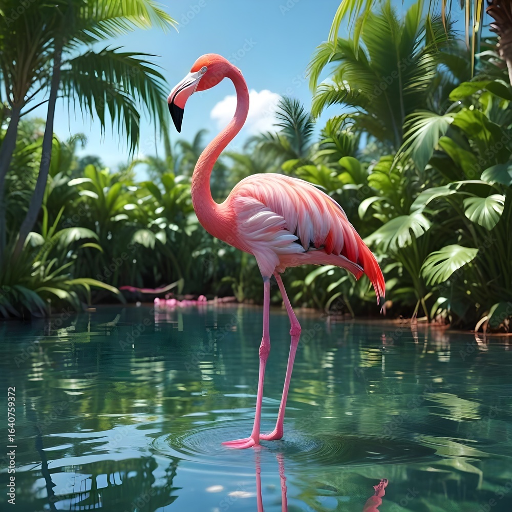 Fototapeta premium Exotic Flamingo in Lush Green Jungle Setting