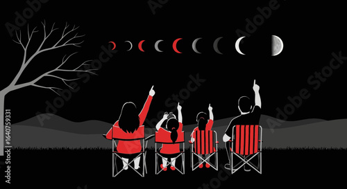 Family observes the various phases of the moon eclipse at night illustration