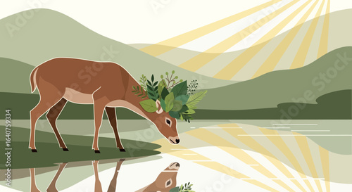 Elegant deer vector illustration with floral crown and serene lakeside reflection scene nature art animal wildlife