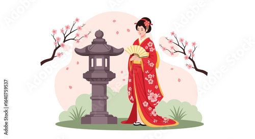 Elegant Geisha Under Sakura Showers With Traditional Stone Lantern Illustration
