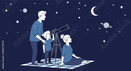 Family stargazing with a telescope under the night sky illustration vector graphic