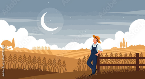 Farmer Leaning On A Fence Admiring The Moonlit Field At Night Scenery