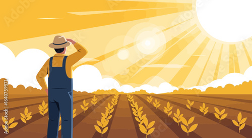 Farmer Overlooking Vast Agricultural Field With Morning Sunlight And Bright Sky