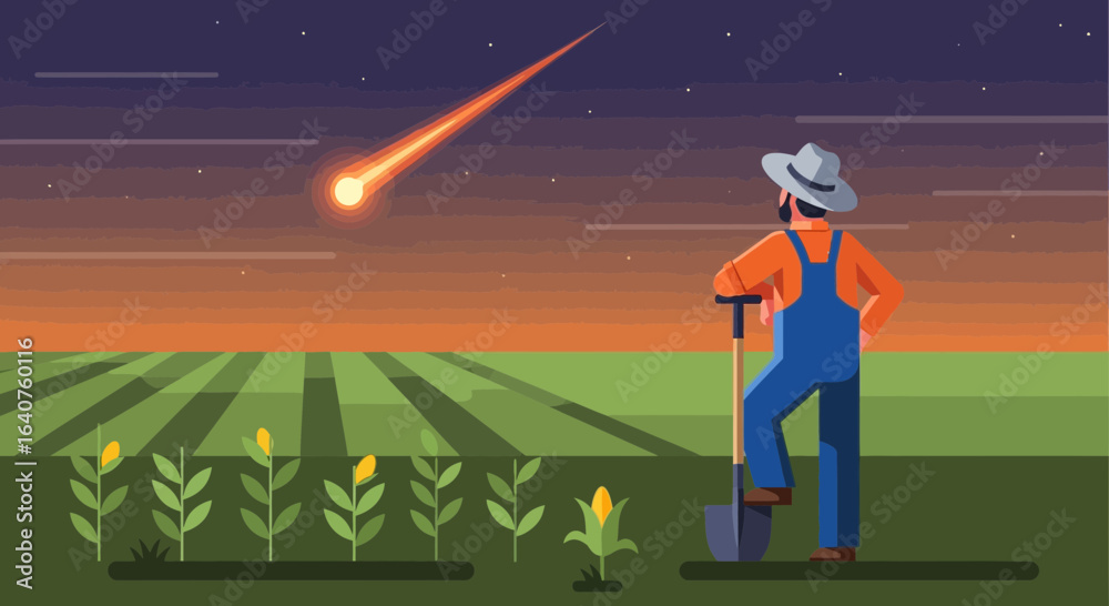 Naklejka premium Farmer Watches Shooting Star Over Golden Crop Field At Twilight Scenery