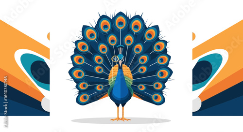 Elegant Peacock Displaying Feathers Isolated On White Decorative Background