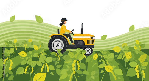 Farmer Working on Fields with Tractor in Countryside Landscape Scene Design