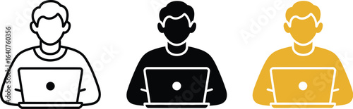 Modern illustrations of person working on laptop, digital workspace icons