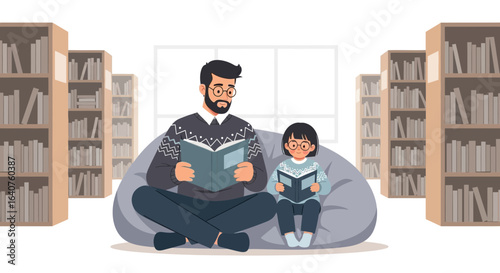 Father and daughter reading together in the library create a memorable time together