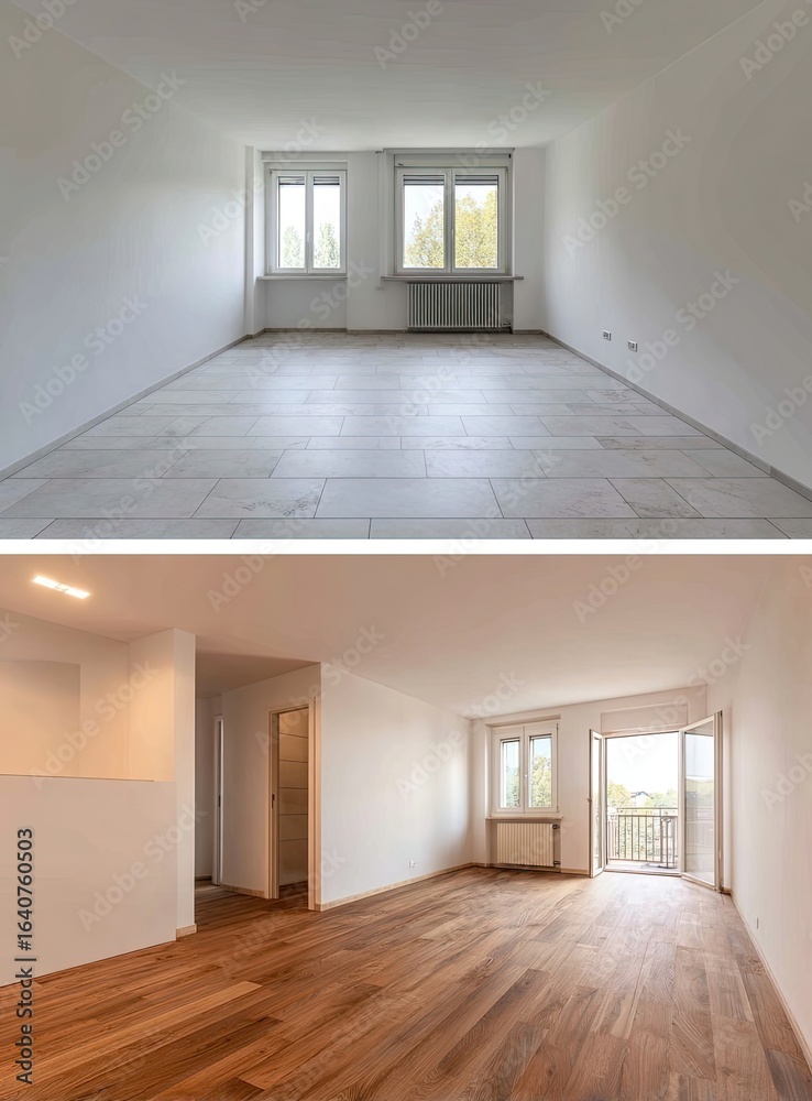 Fototapeta premium Empty apartment before and after renovation
