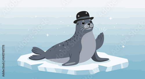 Elegant seal in a bowler hat greeting on an ice floe under a starry sky at the north pole