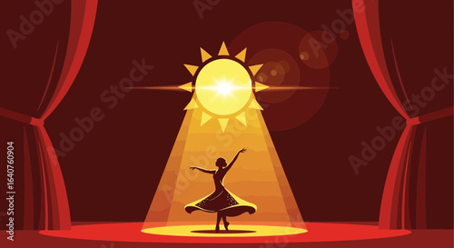 Elegant Silhouette Dancer on Stage with Dramatic Lighting and Red Curtains Backdrop