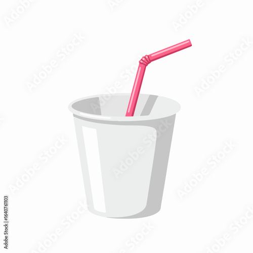 A simple illustration of a white paper cup with a pink bent straw, suitable for beverage and fast food concepts on a clean background.