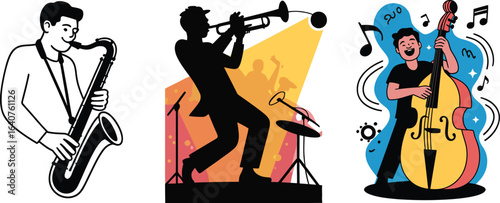 Musicians play jazz instruments on stage, vibrant concert scene