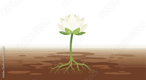 Elegant White Lotus Emerges From The Mud Illustration Symbolizing Purity And Renewal