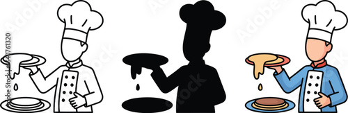 Chef serving pancakes with syrup drip in colorful illustration