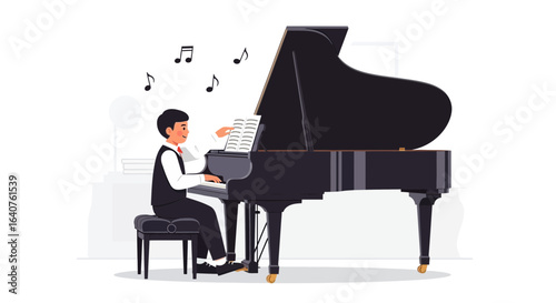 Elegant Young Man Playing Grand Piano Performing Musical Composition