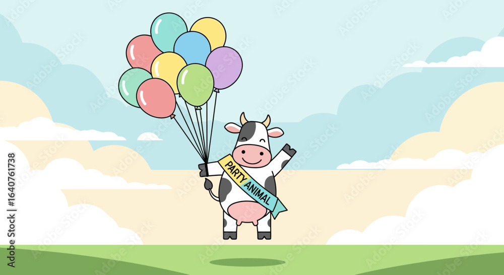Fototapeta premium Festive Cow Celebrating With Balloons Cartoon Illustration Design Template