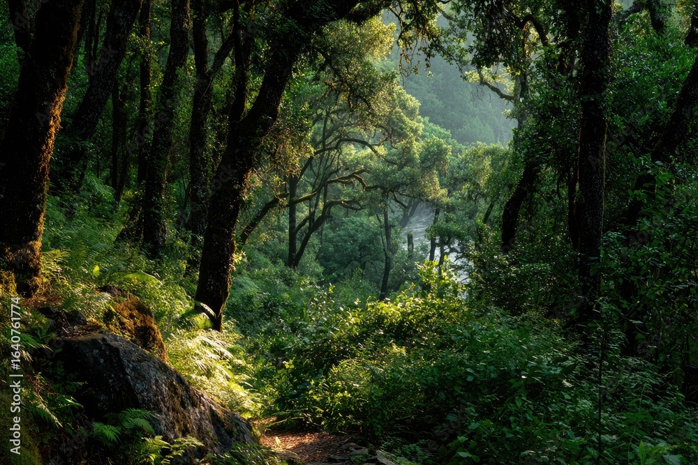 Fototapeta premium Lush forest path bathed in sunlight