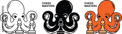 Clever octopus playing chess with pawn pieces