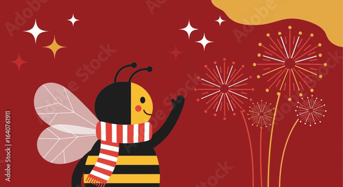 Festive honeybee illustration celebrating new year with fireworks and star shapes
