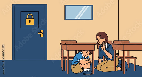 Emergency Drill In Elementary School With Teacher And Student Under Table