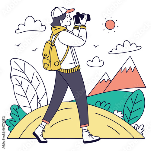 A Cartoon Hiker Takes a Photo of a Mountain Landscape under the Sun