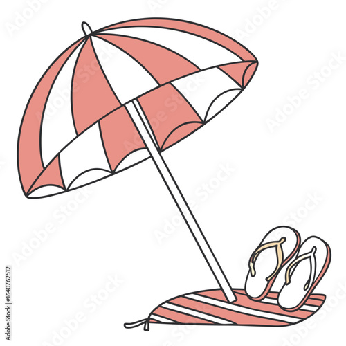 Beach umbrella with flipflops on a striped towel, summer vacation illustration