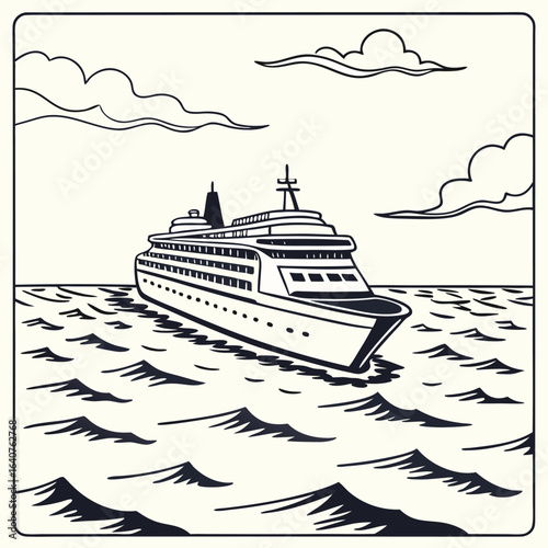 Cruise ship sailing on the ocean with simple cloudscape line art