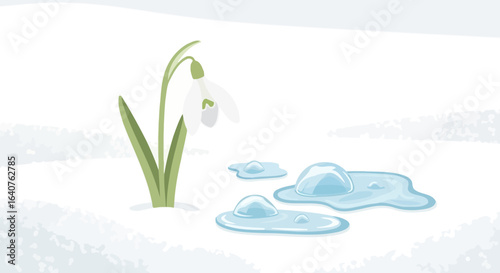 First Sign Of Spring Snowdrop Flower And Melting Ice Illustration
