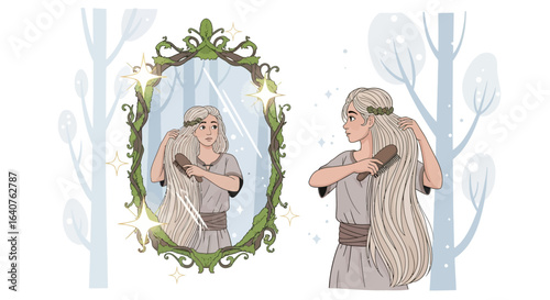 Enchanting Elf In Forest Combing Her Long Hair In A Magic Mirror
