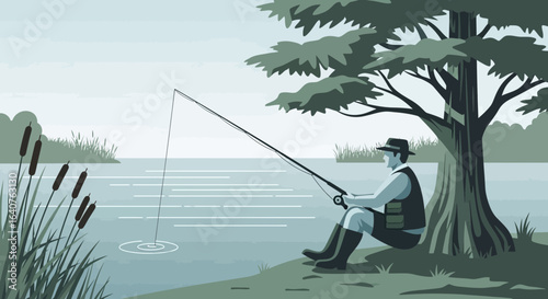 Fisherman Sits Underneath A Tree Relaxing With His Fishing Pole On The Water