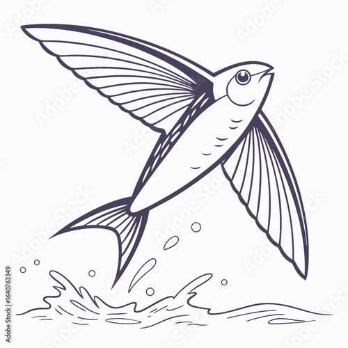 Flying fish leaping out of the water in simple line art style