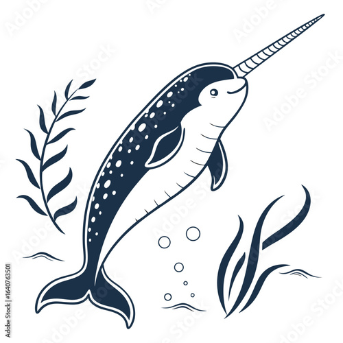Illustration of a cute narwhal swimming in the ocean among seaweed