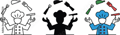 Chef expertly juggles cooking tools, showcasing culinary skill