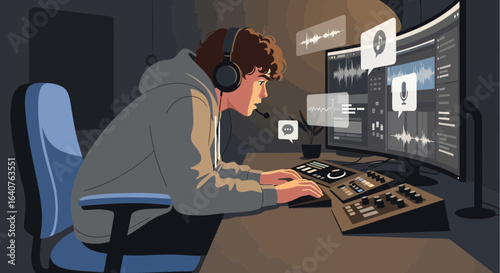 Focused Audio Engineer Mastering Podcast with Software Interface on a Curved Monitor