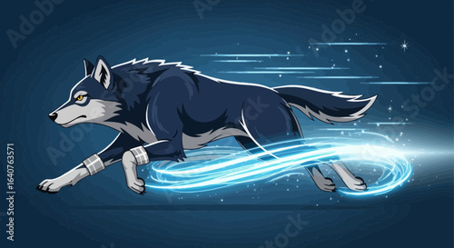 Energetic wolf illustration with glowing blue trails symbolizing speed and power
