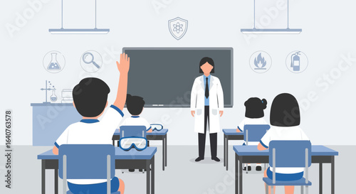 Engaged Students Learning Science with Teacher in Classroom Illustration