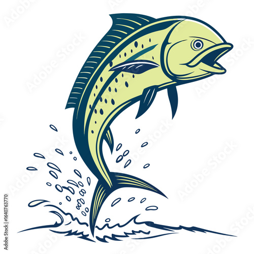 Mahi Mahi Fish Jumping out of Ocean Water Cartoon Illustration Style