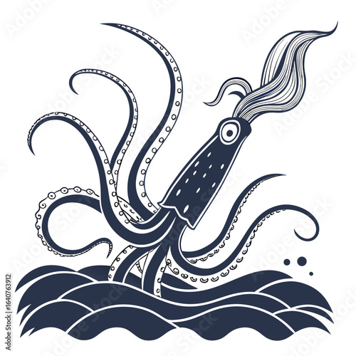 Monochrome Illustration of a Giant Squid Emerging from Stylized Ocean Waves