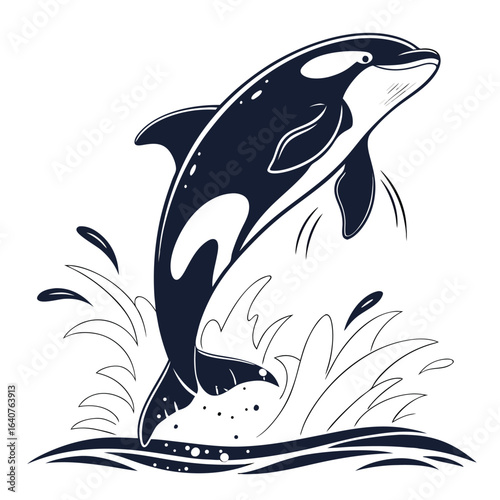 Monochrome illustration of a leaping Orca, breaching the water's surface gracefully