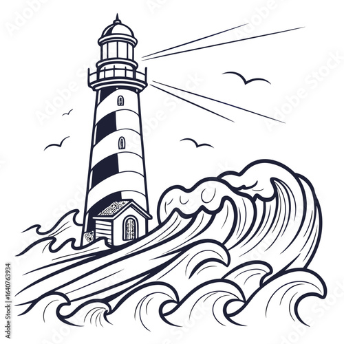 Monochrome illustration of a lighthouse by the sea during a storm