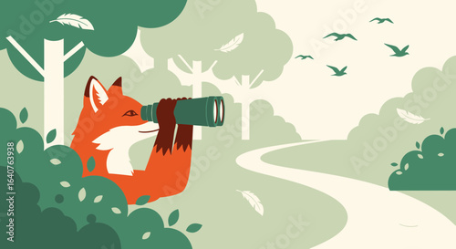 Fox In The Forest Using Binoculars To Look At Birds Flying Over The Landscape