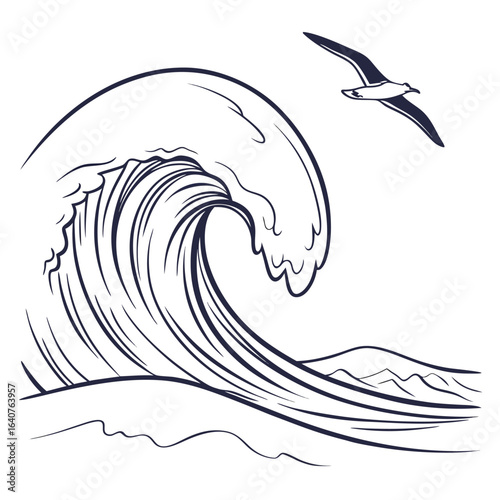 Monochrome illustration of a majestic ocean wave with a solitary bird