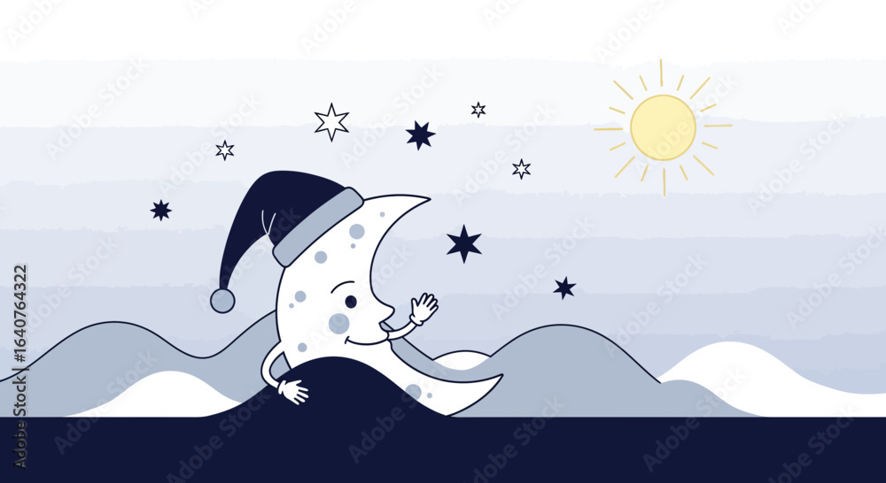 Naklejka premium Friendly Crescent Moon Character Wearing A Sleeping Hat Among Stars In The Sky