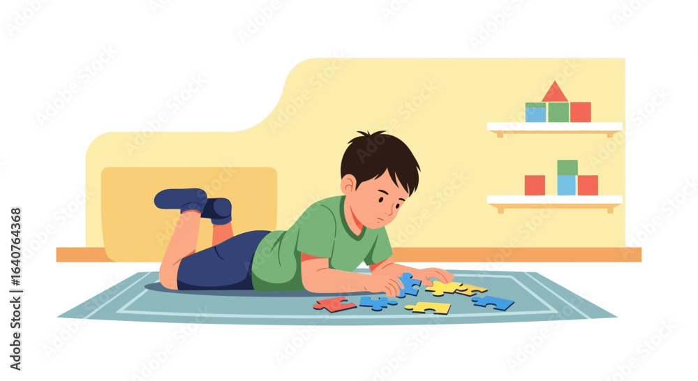 Fototapeta premium Engrossed Young Boy Engages Intently with Jigsaw Puzzle on Floor Indoors