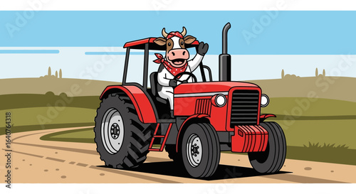 Friendly Cow Driving Tractor Across Rural Landscape Under Blue Sky