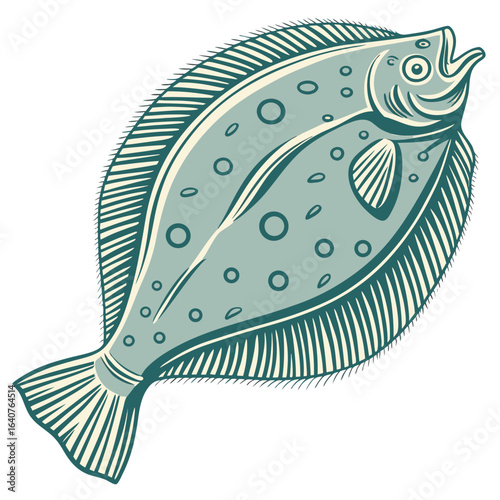 Stylized Flatfish Illustration with Teal and Beige Coloring on a White Background